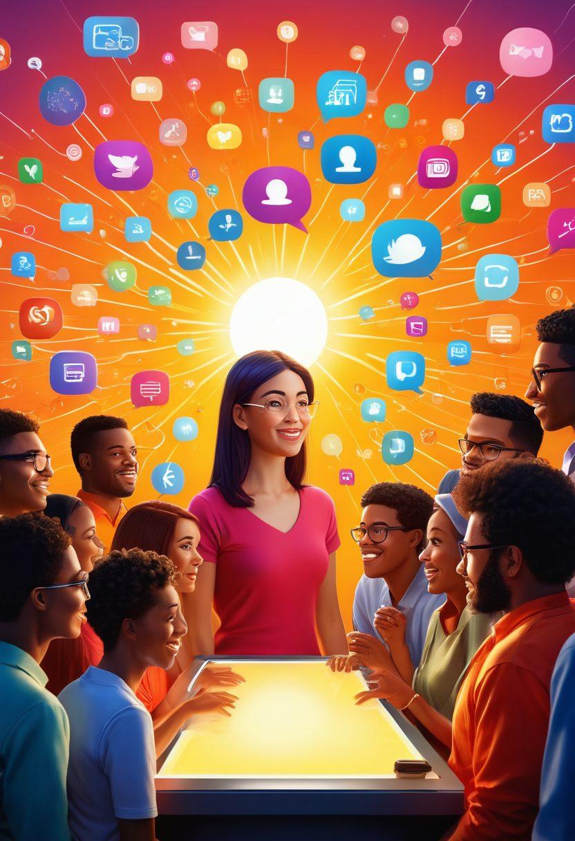 An engaging illustration of diverse individuals gathered around a large digital screen, expressing thoughts and ideas through speech bubbles and social media icons. The background is filled with colorful representations of various social networks, symbolizing connection and interaction. Include a radiant sun setting behind, casting warm light to signify positivity and engagement. super-realistic. vibrant colors. 3D.