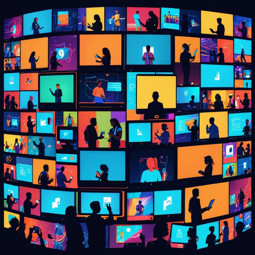 A dynamic collage showcasing diverse people engaging in multimedia sharing and collaboration, surrounded by vibrant screens displaying videos, music, and artwork. Include elements of technology like tablets and smartphones, and emphasize connection through glowing lines linking the individuals. Infuse a sense of community with warm colors and cheerful expressions. pixel art. vibrant colors. 3D effect.